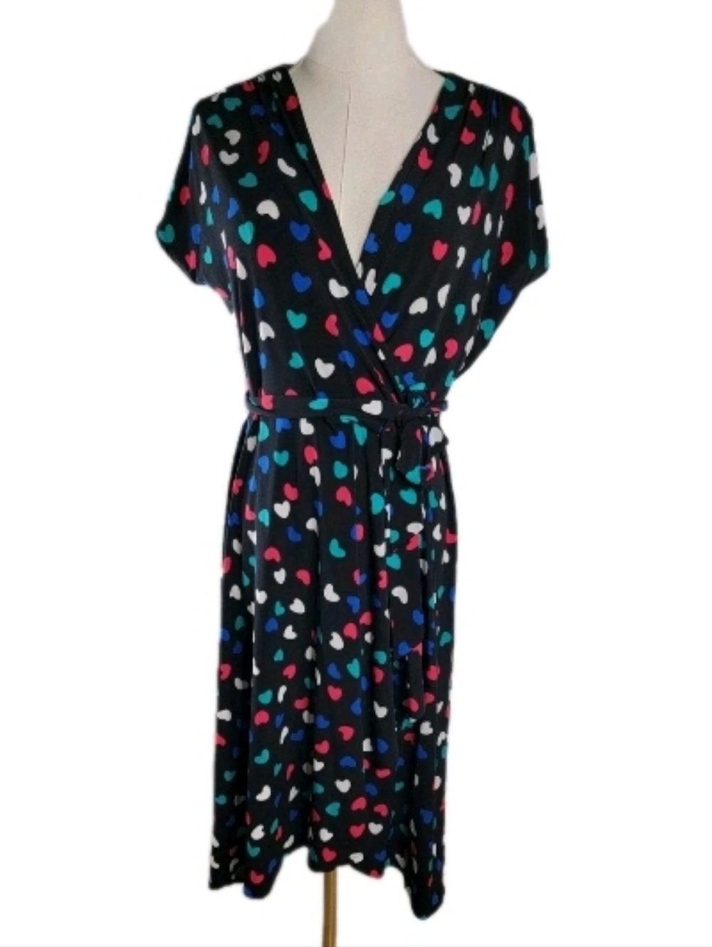 Vicky Tiel Heart Print Wrap Dress Black Multicolor True Wrap Size S